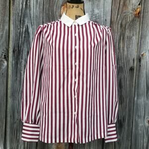 Striped Secretary Blouse XL Long Sleeve Button Shirt Burgundy White Vintage VTG